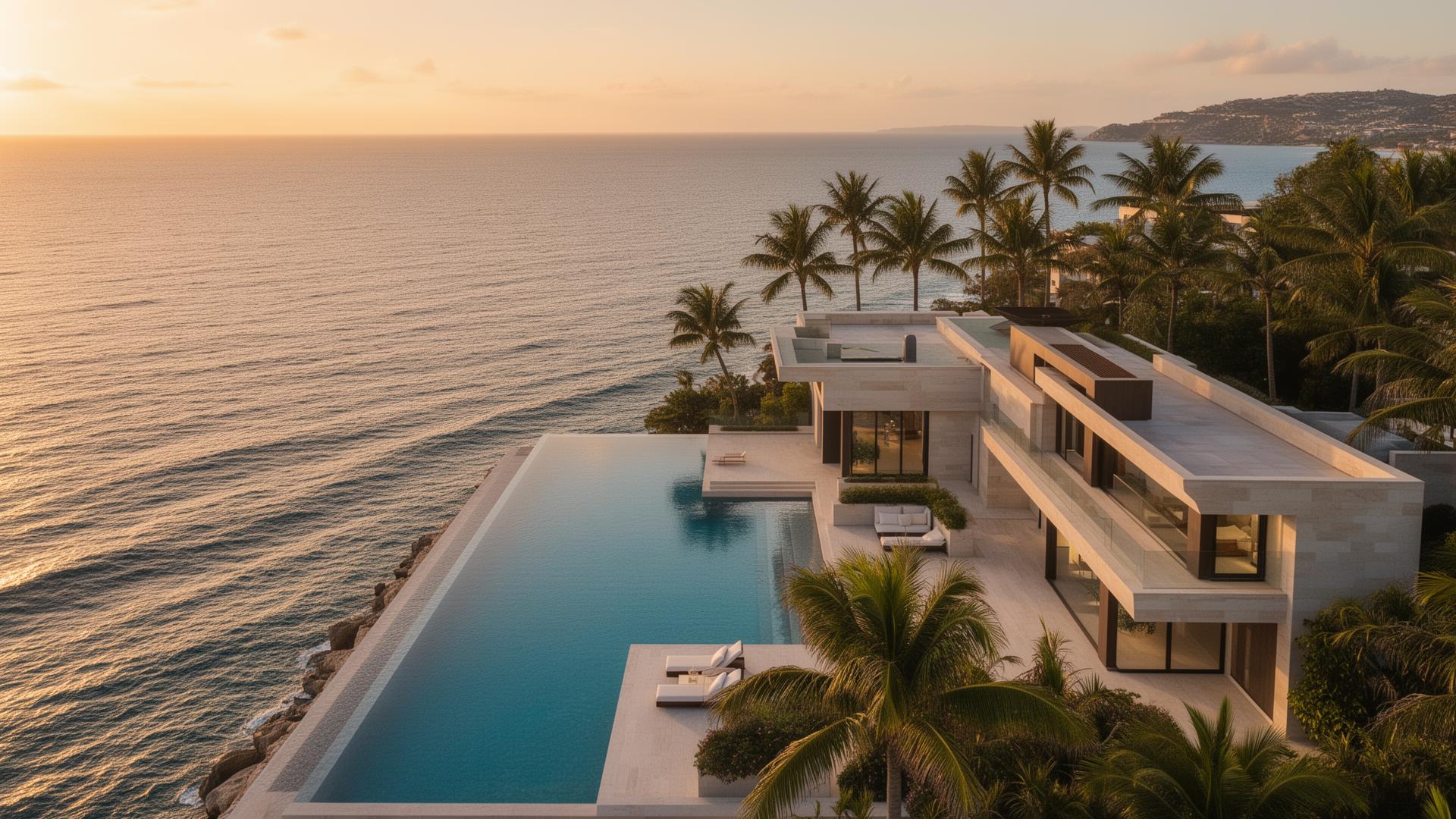 Luxury oceanfront villa at golden hour