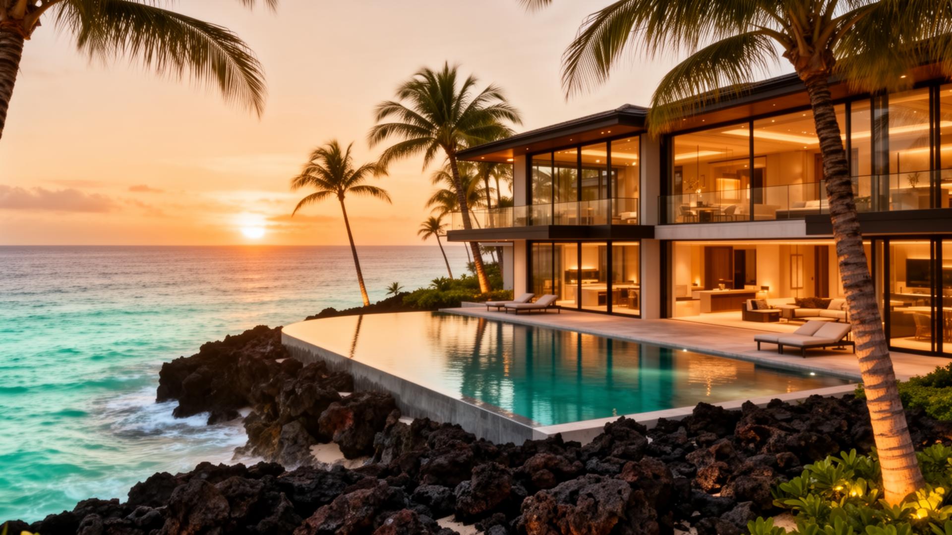 Luxury oceanfront villa at golden hour